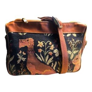 Vintage Orvis Tapestry & Leather Crossbody Shoulder Bag Dog Bunny Bird